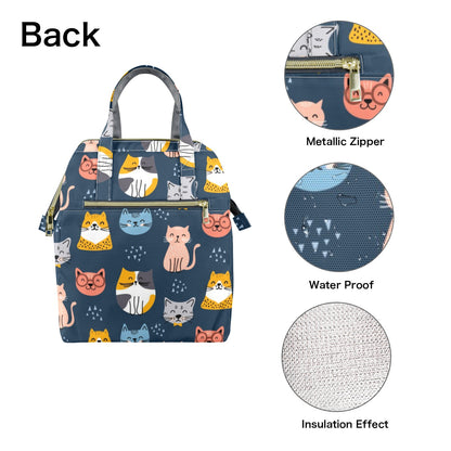 Cats Insulated Lunch Box Bag Tote, Kittens Animals Ladies Cute Food Container Adult Kids Female Women Teens Men School Work Handbag Office