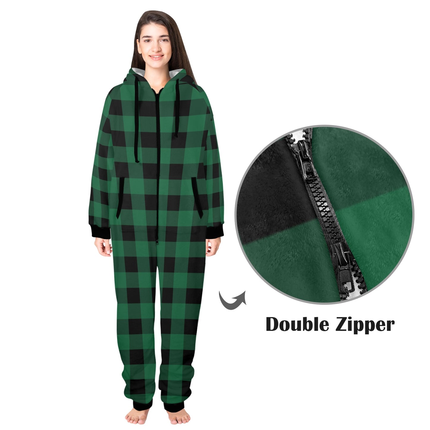 Green Buffalo Plaid One Piece Men Pajama, Black Checkered Christmas Xmas Adult Bodysuit Women Ladies Flannel Long Sleeve Hooded PJ Romper