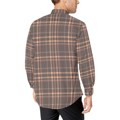 Brown Plaid Long Sleeve Men Button Up Shirt, Check Tartan Check Print Buttoned Collar Casual Dress Shirt with Chest Pocket Guys