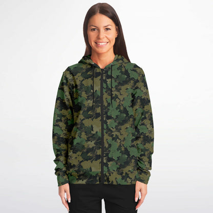 Green Camo Zip Up Hoodie, Realistic Camouflage Woodland Leaf Full Zipper Pocket Men Women Unisex Adult Cotton Fleece Hooded Sweatshirt