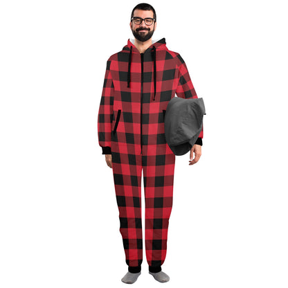 Red Buffalo Plaid One Piece Men Pajama, Black Checkered Christmas Xmas Adult Bodysuit Women Ladies Flannel Long Sleeve Hooded PJ Romper