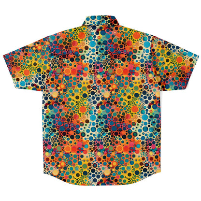 Psychedelic Men Button Up Shirt, Funky Groovy Retro Vibrant Dot Art Vintage Short Sleeve Festival Print Buttoned Down Guys Collared Designer