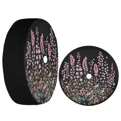 Pink Wild Flowers Spare Tire Cover, Faux Embroidery Printed Floral Wheel Auto Car Unique Design Backup Camera Hole Trailer Back Women RV