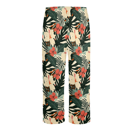 Tropical Leaf Men Pajamas Pants, Retro Floral Flowers Vacation Pattern Satin PJ Pockets Sleep Trousers Matching Trousers Bottoms Sleepwear