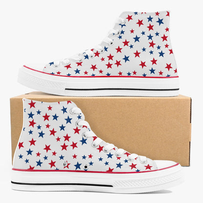 Red White Blue Stars High Top Shoes, American Flag USA Women Men Lace Up Sneakers 4th of July Footwear Canvas Ladies Trainers Designer