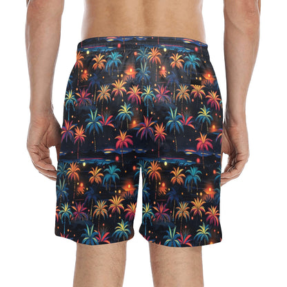 Festive Men Swim Trunks, Firework Christmas 7" Inseam Shorts Beach Pockets Mesh Lining Drawstring Casual Bathing Suit Plus Size Swimwear