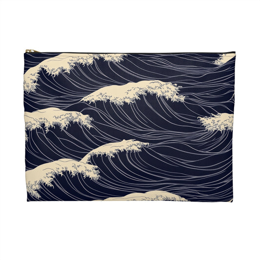 Japanese Waves Print Zipper Pouch, Blue Ocean Sea Cute Makeup Wash Bags Toiletries Cosmetic Organizer Gifts Women Coin Accessory Purse