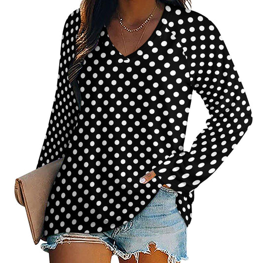 Polka Dots Women Long Sleeve Tshirt loose fit, Black White Vintage Relaxed V-neck Designer Aesthetic Ladies Female Tee Top Shirt