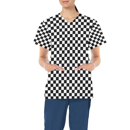 Checkered Medical Scrubs Top Women, Black White Check Ladies Female Plus Size Nursing Printed Nurse Vet Veterinary Assistant Uniform Pockets