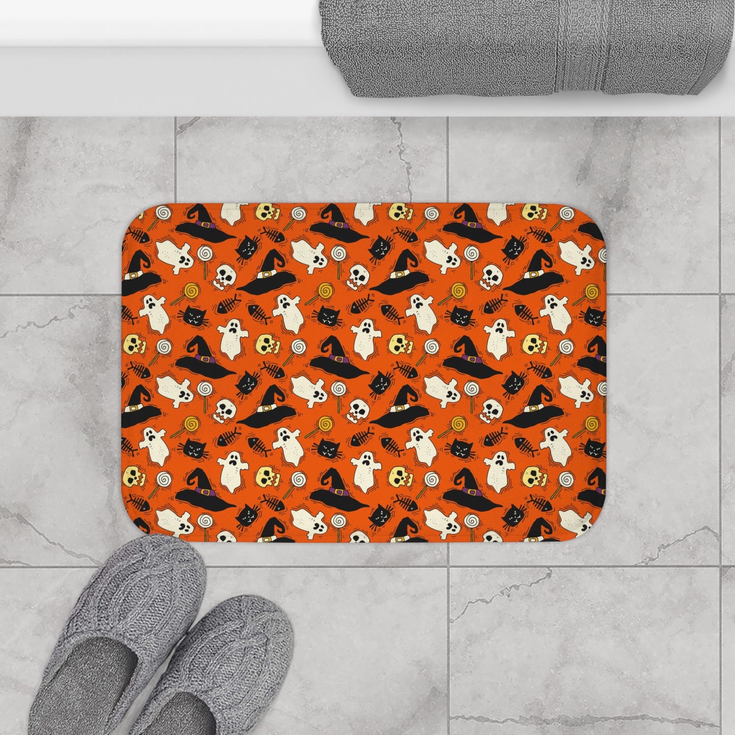 Halloween Bath Mat, Orange Black Cat Ghosts Skulls Shower Bathroom Decor Non Slip Floor Memory Foam Microfiber Large Small Washable Rug