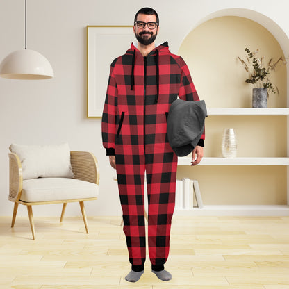 Red Buffalo Plaid One Piece Men Pajama, Black Checkered Christmas Xmas Adult Bodysuit Women Ladies Flannel Long Sleeve Hooded PJ Romper