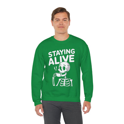 Staying Alive Coffee Sweatshirt, Skeleton Halloween Funny Graphic Crewneck Fleece Cotton Sweater Jumper Pullover Men Women Adult Top