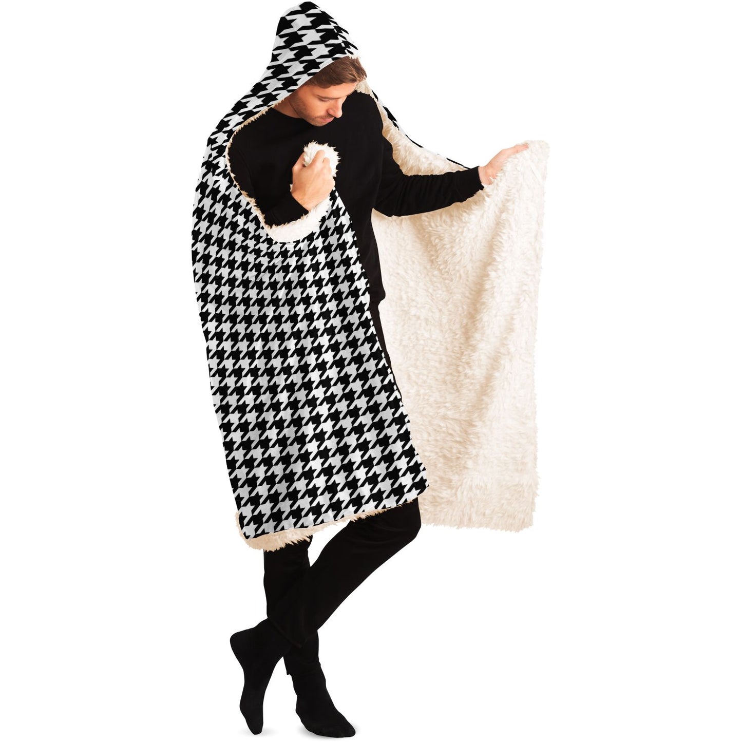 Houndstooth Hooded Blanket, Black White Sherpa Fleece Soft Fluffy Cozy Warm Adult Men Women Kids Large Wearable with Hood Gift