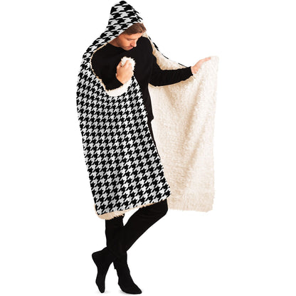 Houndstooth Hooded Blanket, Black White Sherpa Fleece Soft Fluffy Cozy Warm Adult Men Women Kids Large Wearable with Hood Gift