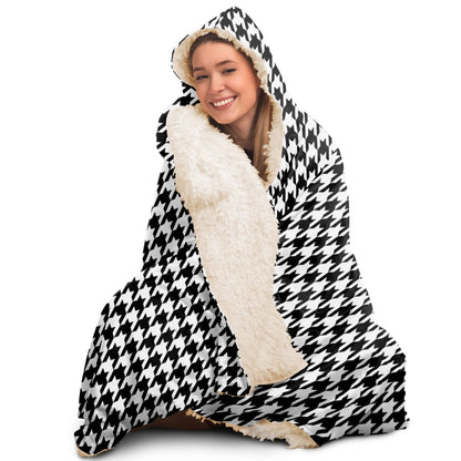 Houndstooth Hooded Blanket, Black White Sherpa Fleece Soft Fluffy Cozy Warm Adult Men Women Kids Large Wearable with Hood Gift