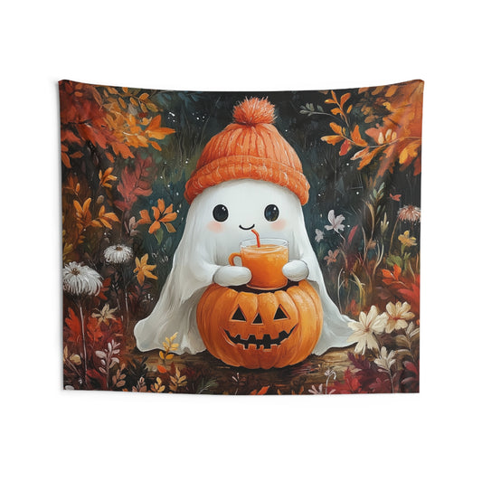 Cute Ghost Halloween Tapestry, Fall Trees Leaves Autumn Orange Wall Art Hanging Nursery Unique Landscape Large Small Bedroom College Dorm