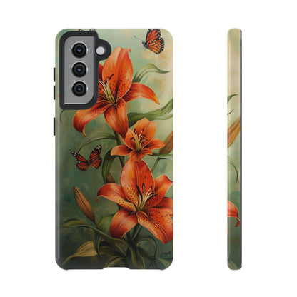 Tiger Lily Tough Phone Case, Flowers Floral Butterfly iPhone 16 15 14 13 Pro Max 12 11 8 Plus X XR XS Galaxy S24 S23 S22 S21 Google Pixel