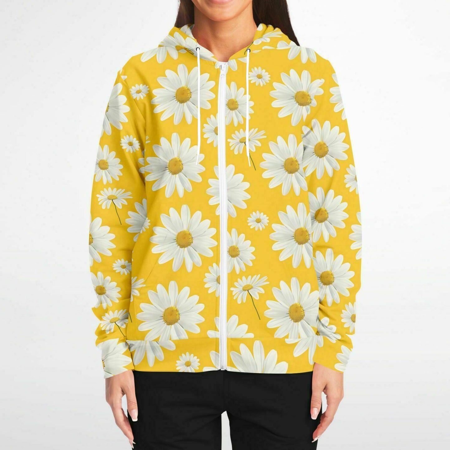 Daisy Yellow Zip Up Hoodie, Floral Flowers Full Zipper Pocket Men Women Unisex Adult Aesthetic Graphic Cotton Fleece Hooded Sweatshirt