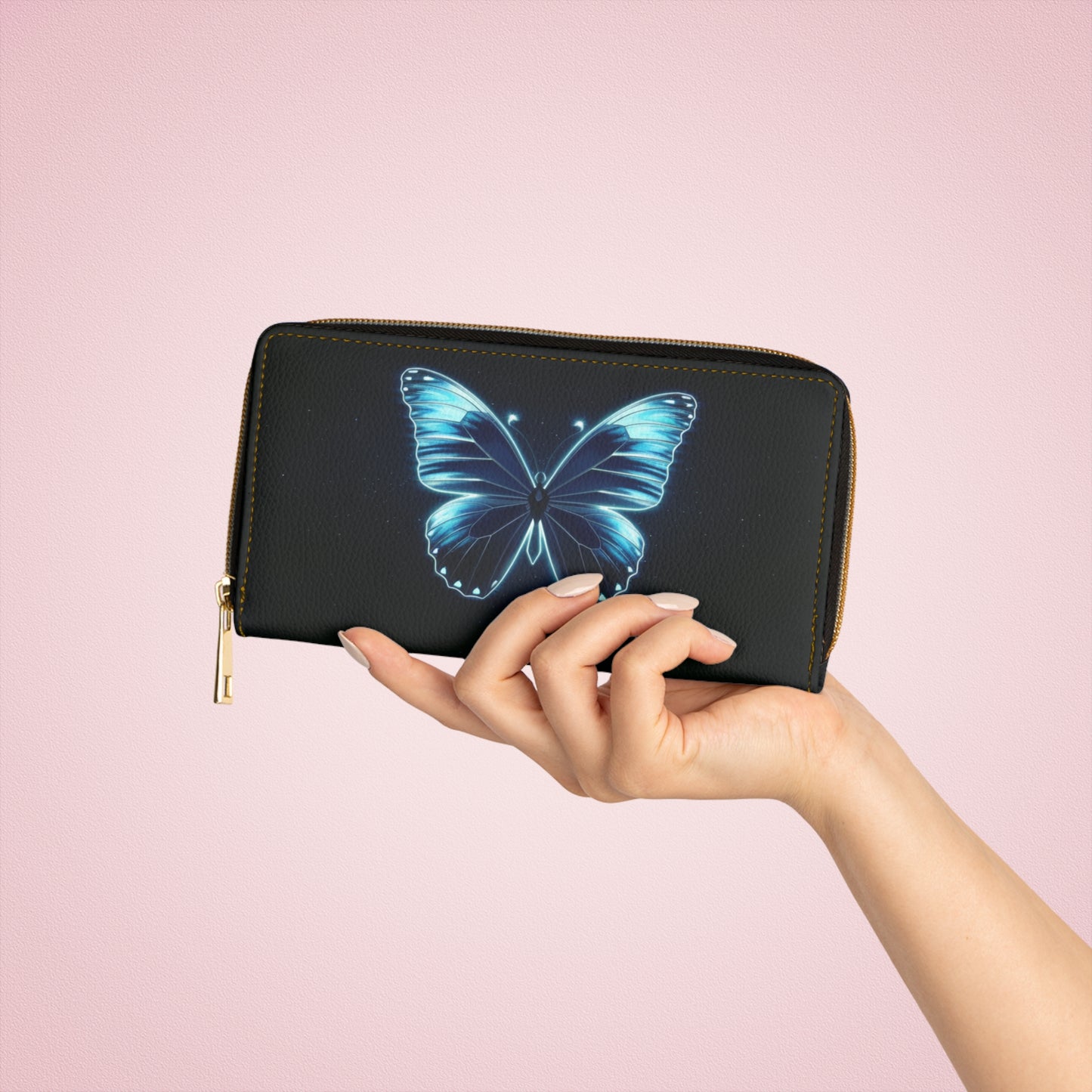 Blue Butterfly Leather Wallet Women, Monarch Vegan Zipper Zip Around Coins Credit Cards Pocket Cash Ladies Female Pouch Slim Clutch Purse