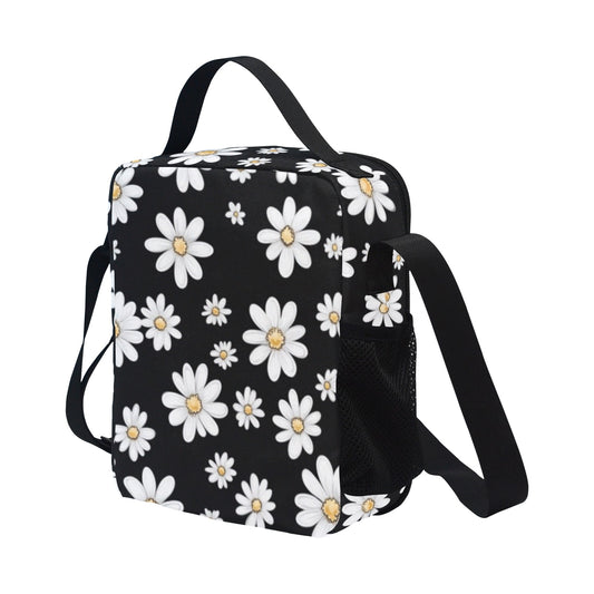 Daisy Insulated Kids Lunch Tote Box Bag, Floral Flowers White Black Cute Food Container Children Teens Black School Work Handbag Boys Girls