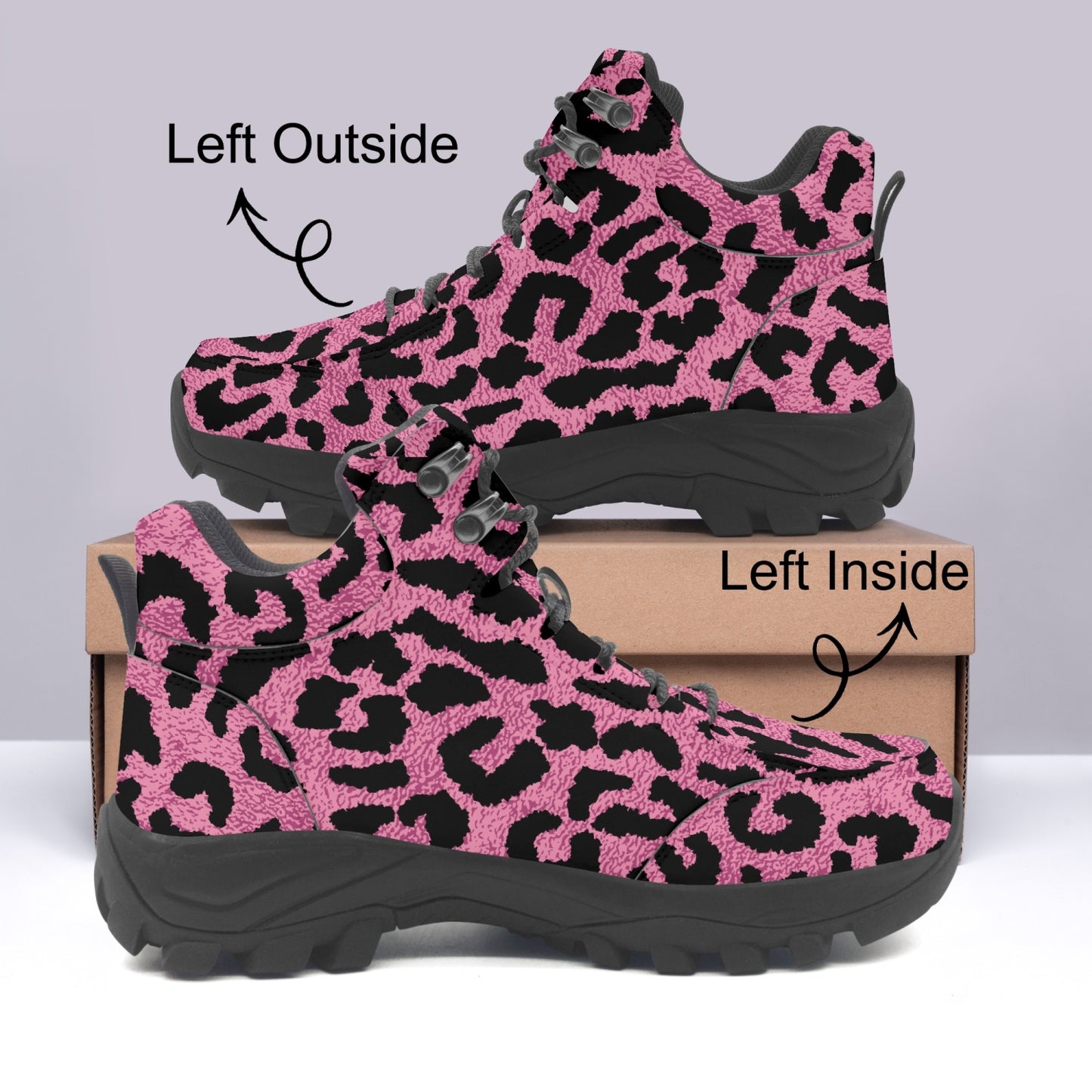 Pink Leopard Hiking Leather Boots, Animal Cheetah Print Men Women Lace Up Walking Hunting Rubber Shoes Print Ankle Winter Casual Work