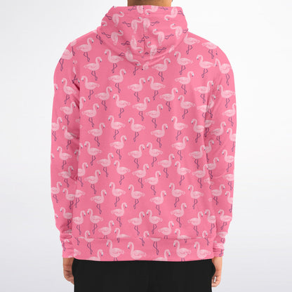 Pink Flamingo Zip Up Hoodie, Tropical Birds Full Zipper Pocket Men Women Unisex Adult Aesthetic Graphic Cotton Fleece Hooded Sweatshirt