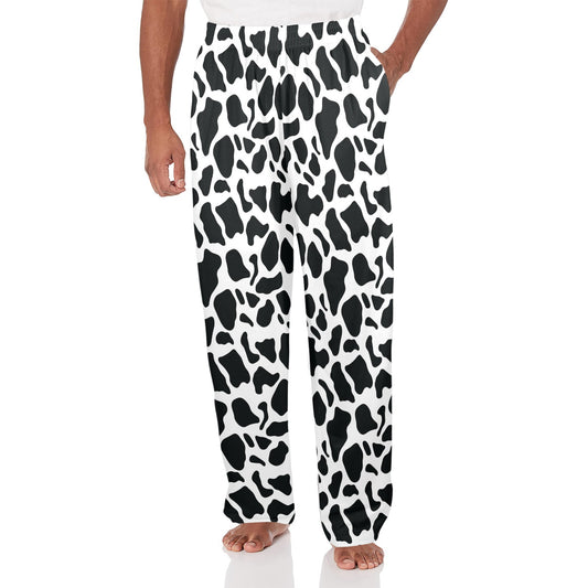 Cow Print Men Pajamas Pants, Black White Animal Satin PJ Pockets Sleep Trousers Sleepwear Guys Male Adult Long Lounge Trousers Bottoms