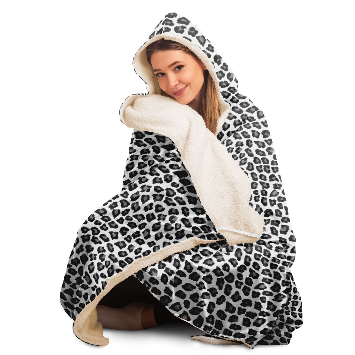 Snow Leopard Hooded Blanket, White Black Cheetah Animal Print Sherpa Fleece Faux Fur Fluffy Warm Adult Men Women Kids Large Wearable Hood