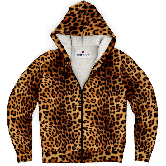 Leopard Zip Up Fleece Hoodie, Animal Print Cheetah Full Zipper Pocket Men Women Unisex Adult Aesthetic Graphic Hooded Sweatshirt Starcove Fashion