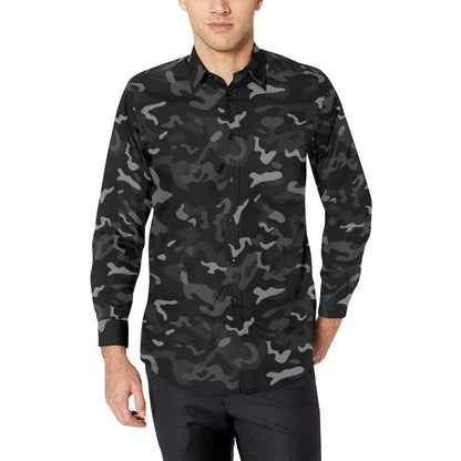 Black Camouflage Long Sleeve Men Button Up Shirt, Grey Camo Print Dress Buttoned Collared Casual Down Dress Male Guys Polyester Shirt