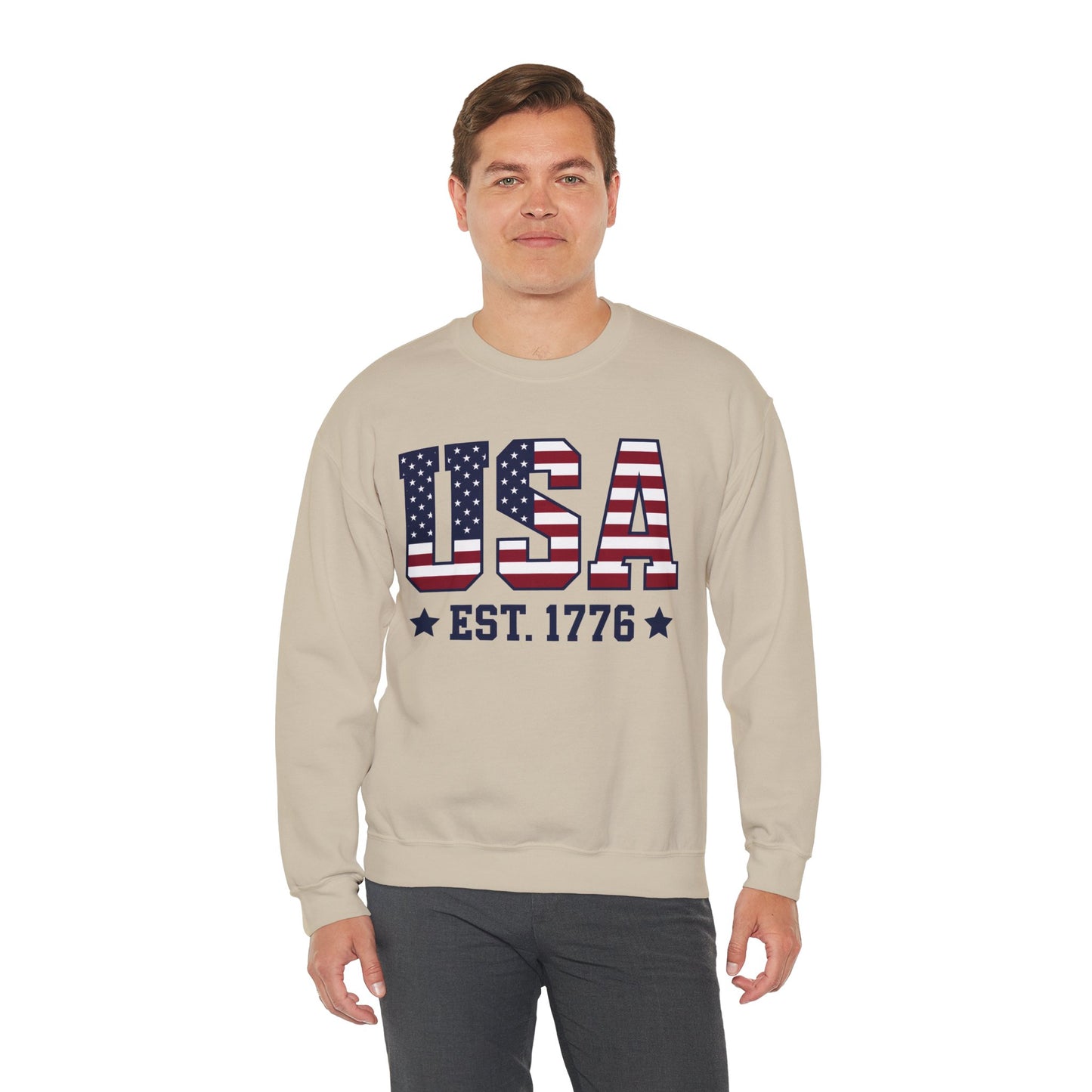 USA Est 1776 Sweatshirt, American Flag Stars Stripes Patriotic Retro Vintage Graphic Crewneck Cotton Sweater Jumper Pullover Men Women Top