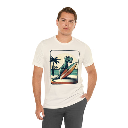 Dinosaur Surfboard Tshirt, Surfing Dino Adult Vintage Distressed Art Designer Graphic Cool 80s Crewneck Men Women Tee Short Sleeve Shirt