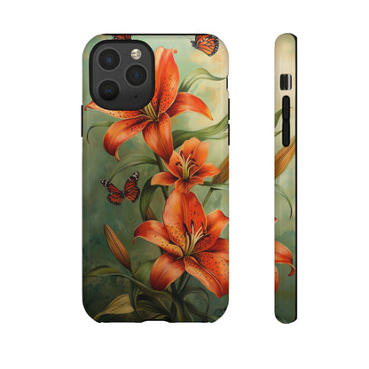 Tiger Lily Tough Phone Case, Flowers Floral Butterfly iPhone 16 15 14 13 Pro Max 12 11 8 Plus X XR XS Galaxy S24 S23 S22 S21 Google Pixel