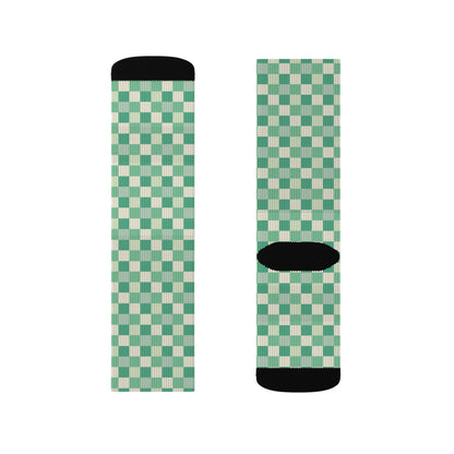 Green Checkered Socks, Olive White Crew Sublimation Women Men Designer Fun Novelty Cool Funky Crazy Casual Cute Unique Dress