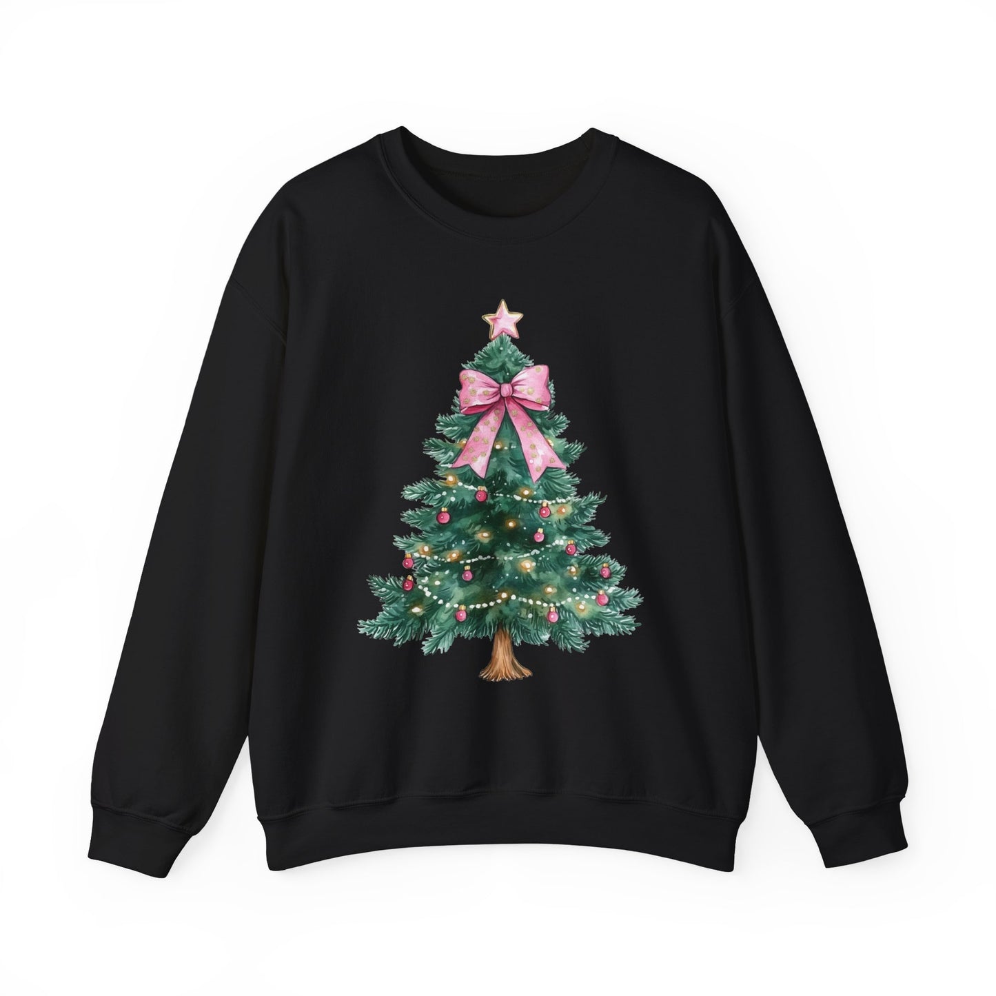 Christmas Tree Pink Bow Sweatshirt,  Coquette Cute Xmas Holiday Print Women Men Vintage Party Winter Holiday Outfit Plus Size Sweater