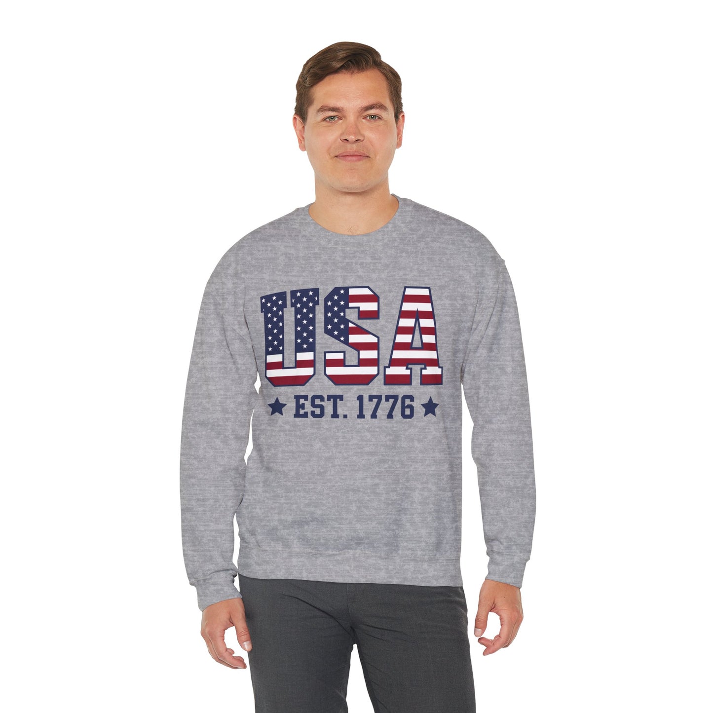 USA Est 1776 Sweatshirt, American Flag Stars Stripes Patriotic Retro Vintage Graphic Crewneck Cotton Sweater Jumper Pullover Men Women Top