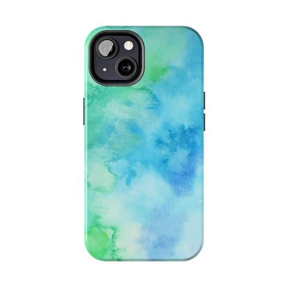 Blue Green Watercolor Tough Phone Case, Tie Dye Colorful Print Cute Cell Iphone 15 14 13 Pro Max 12 11 XS XR X 7 SE 8 Galaxy S24 S23 S22