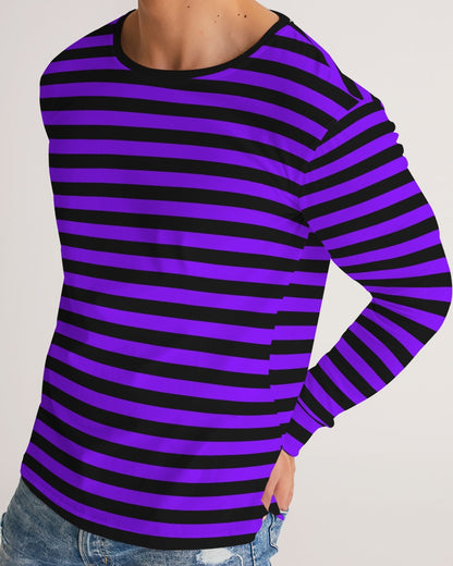 Violet Purple Black Stripes Men Long Sleeve Tshirt, Thin Horizontal Striped Unisex Women Designer Graphic Aesthetic Printed Crew Neck Tee