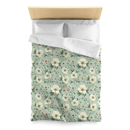 Sage Green Floral Duvet Cover, Flowers Olive Bedding Queen King Full Twin XL Size Microfiber Unique Designer Bed Quilt Bedroom Decor