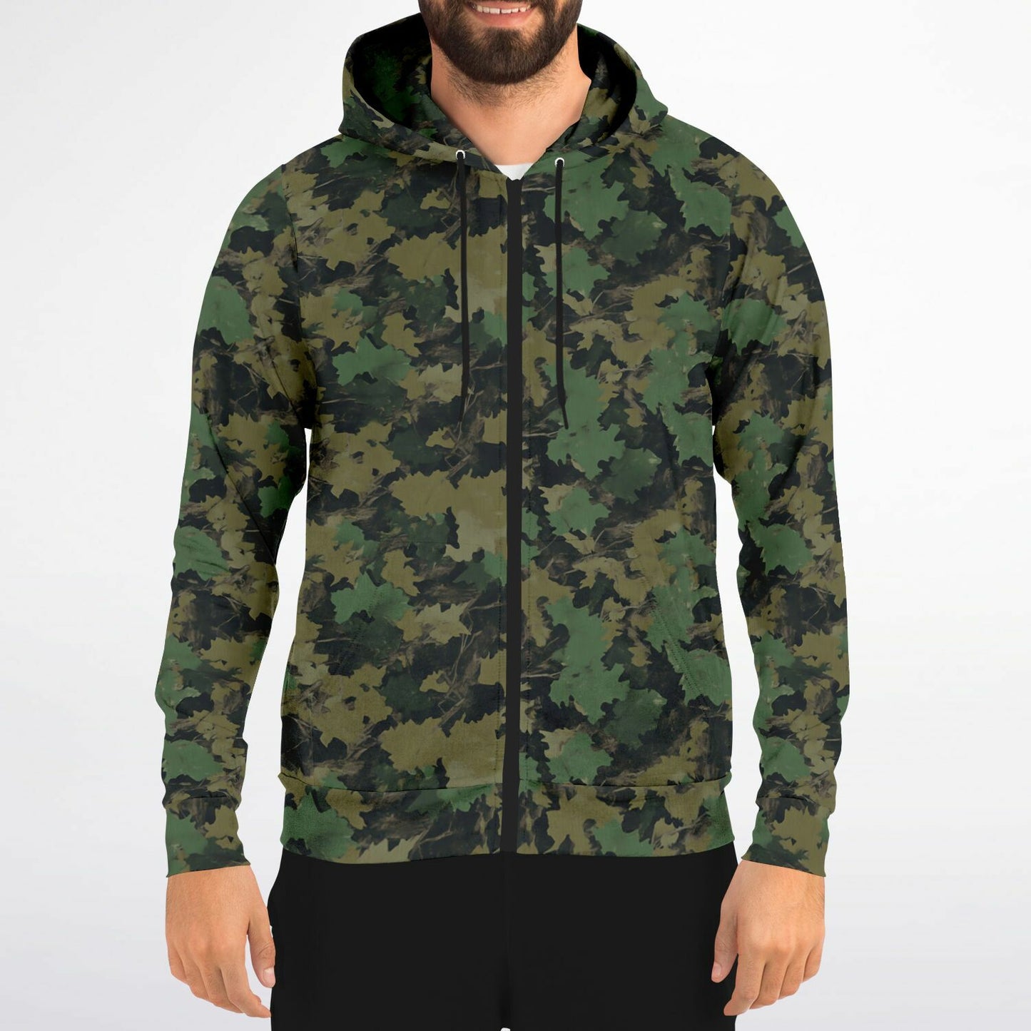 Green Camo Zip Up Hoodie, Realistic Camouflage Woodland Leaf Full Zipper Pocket Men Women Unisex Adult Cotton Fleece Hooded Sweatshirt