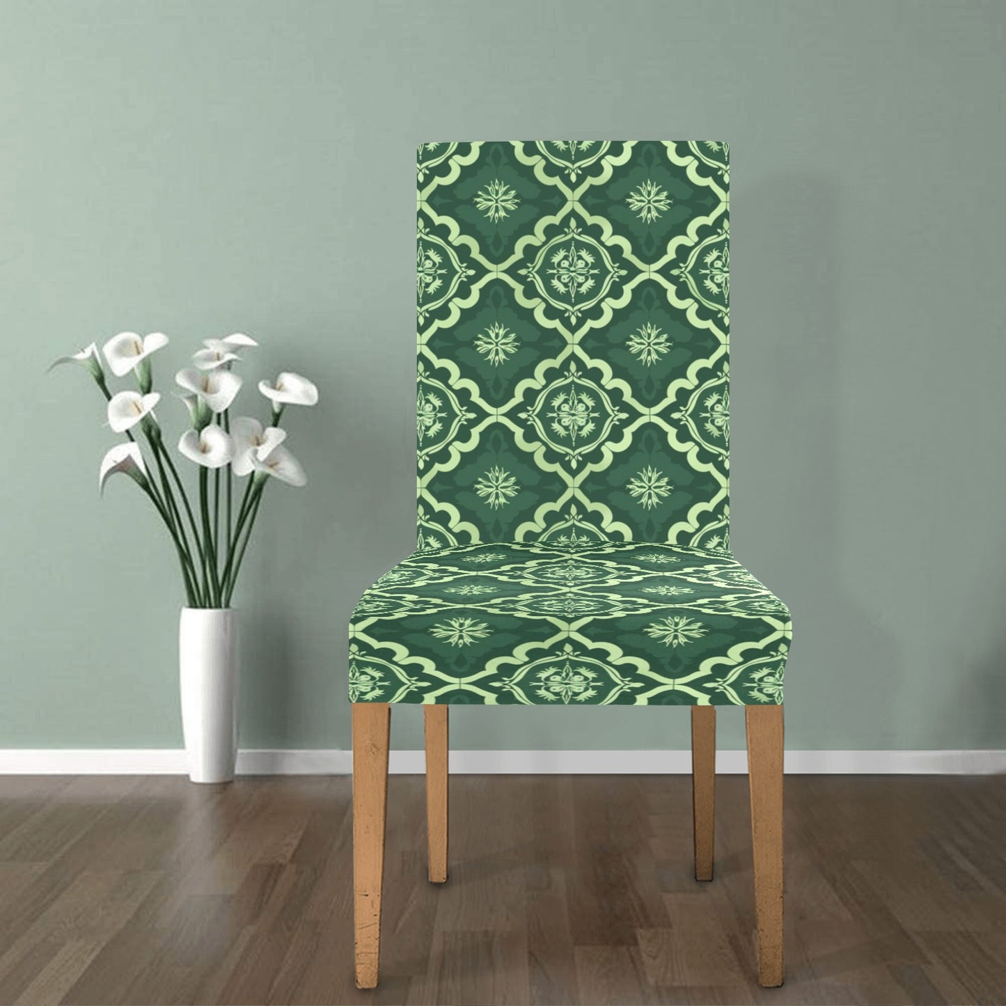 Green Dining Chair Seat Covers, Dark Geometric Custom Stretch Slipcover Furniture Dining Room Party Banquet Home Decor Dorm Kitchen