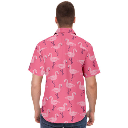 Pink Flamingo Men Button Up Shirt, Tropical Short Sleeve Print Casual Buttoned Down Summer Guys Collared Dress Shirt