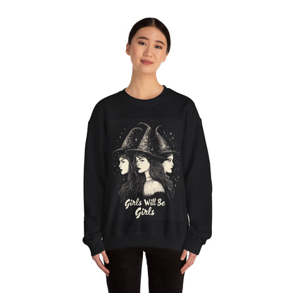 Witches Girls Will Be Girls Sweatshirt, Vintage Retro Halloween Feminist Graphic Crewneck Cotton Sweater Jumper Pullover Women Unisex Top