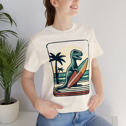 Dinosaur Surfboard Tshirt, Surfing Dino Adult Vintage Distressed Art Designer Graphic Cool 80s Crewneck Men Women Tee Short Sleeve Shirt