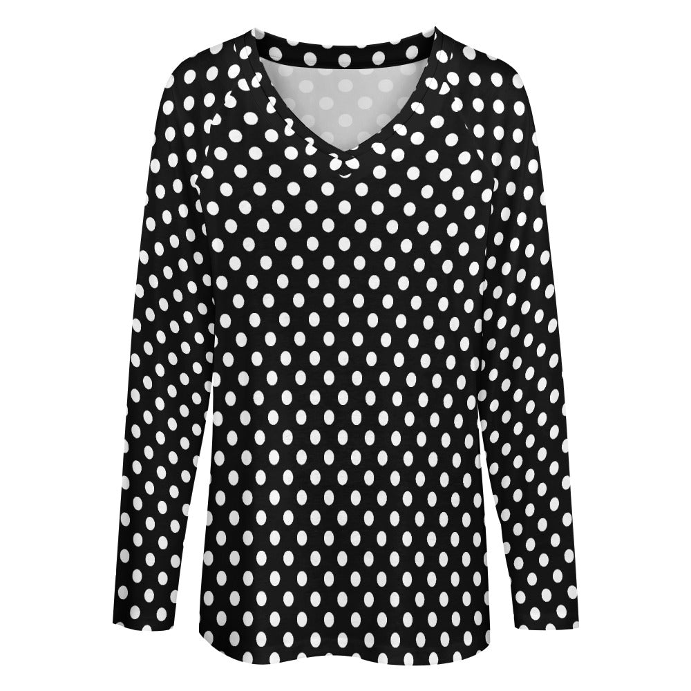 Polka Dots Women Long Sleeve Tshirt loose fit, Black White Vintage Relaxed V-neck Designer Aesthetic Ladies Female Tee Top Shirt