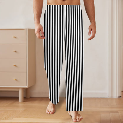 Black and White Striped Men Pajamas Pants, Thin Pin Stripes Satin PJ Pockets Sleep Trousers Sleepwear Guys Male Adult Long Lounge Bottoms