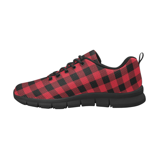 Red Buffalo Plaid Men Breathable Sneakers, Black Check Mesh Print Lace Up Running Custom Designer Vegan Casual Sports Shoes Trainers