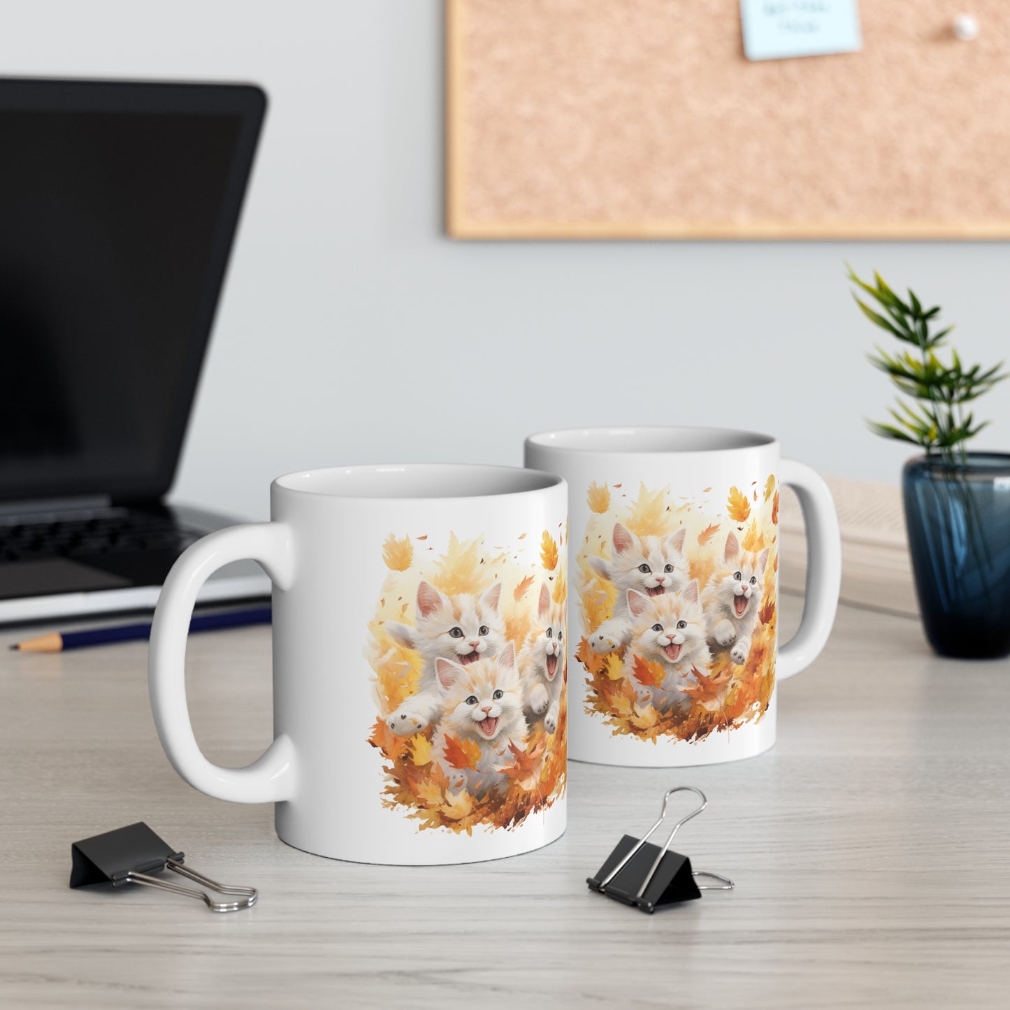 Cats Playing Fall Coffee Mug, Autumn Leaves Kittens Funny Thanksgiving Cute Art Ceramic Cup Tea Hot Chocolate Unique Cool Novelty