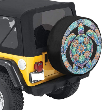 Mandala Sea Turtle Spare Tire Cover, Colorful Watercolor Art Rear Backup Camera Hole Tribal Hawaiian Back Wheel Car Beach Unique RV Camper