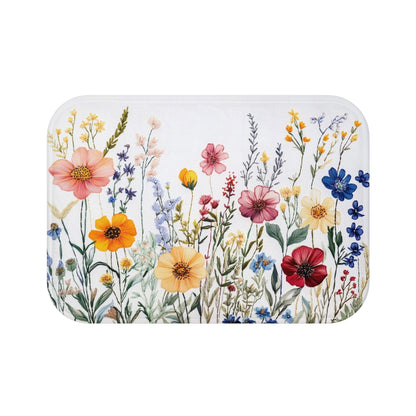 Wildflowers Bath Mat, Floral Flowers Botanical Garden Shower Bathroom Decor Non Slip Floor Memory Foam Microfiber Large Small Washable Rug